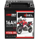 Langzeit Gel Motorradbatterie YTX16-BS 16Ah 12V Frontbild