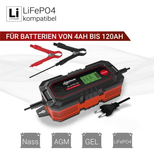 6V/12V Batterie-Ladegerät, geeignet für Daueranschluss, ohne  Diagnosefunktion, inkl. Polklemmen (max. 300mA Ladestrom, 2 LED,  Verpolungsschutz)